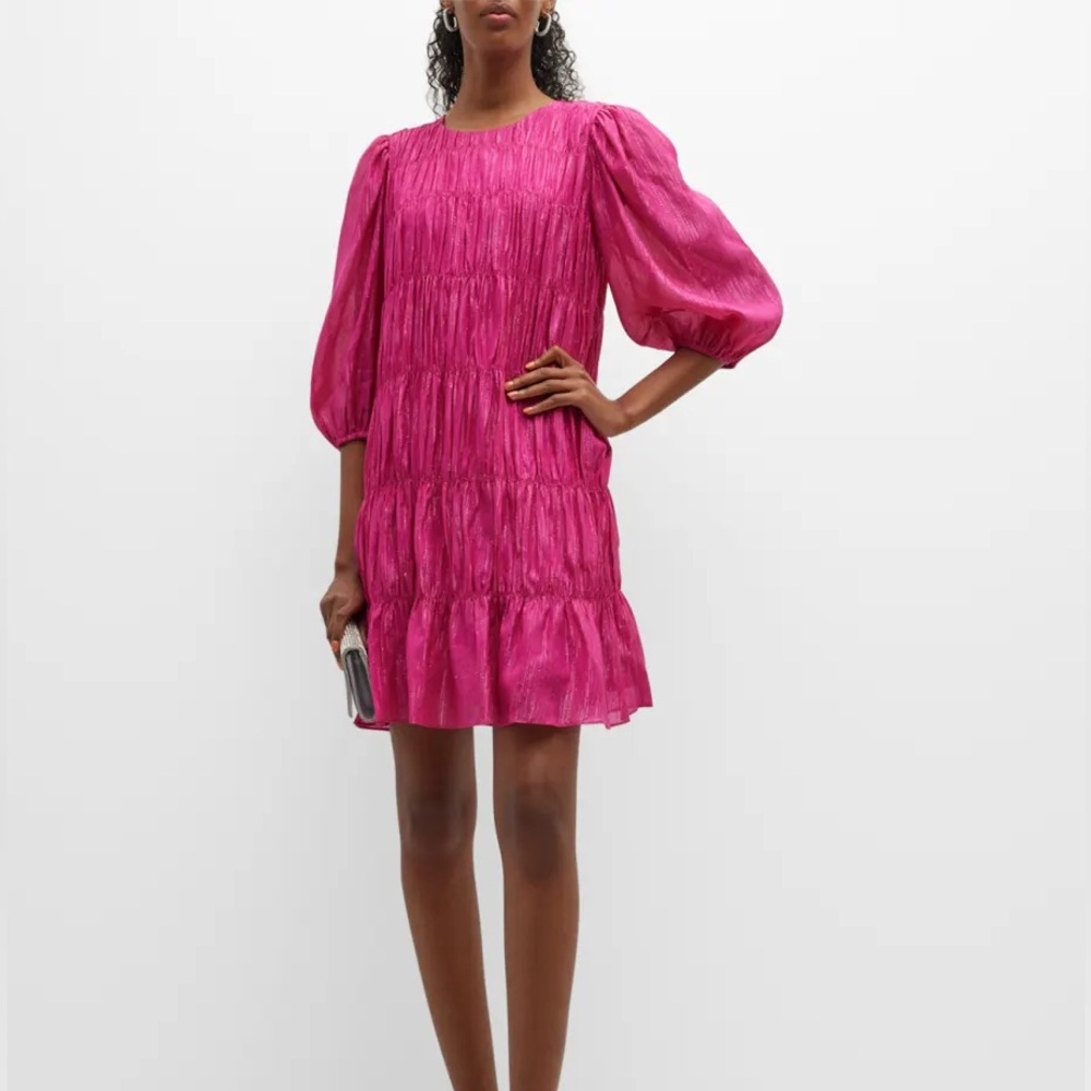 Trina Turk silvery Hot Pink Tiered Puff-Sleeve Mini Dress S